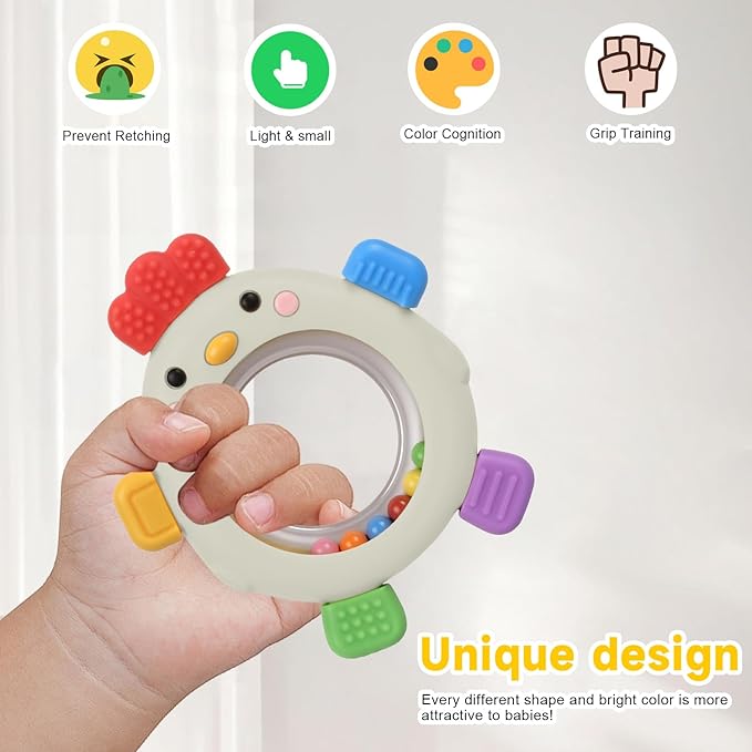 Sensory Toys for Babies, 2 Pack Baby Teething Rings Toys for 0-3 3 6-12 Months Baby Rattle Teether Silicone Teether Relief Chew Soothing,BPA Free,Sore Gums Babys Teethers Toys