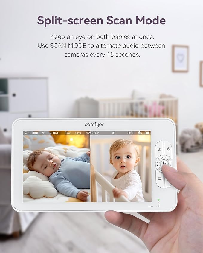 7" HD Split-Screen Baby Monitor with 2 Cameras, Video Baby Monitor with Camera and Audio, Flexible Bracket, Non-WiFi, VOX Mode, 2 Way Audio, Remote PTZ, Auto Night Vision