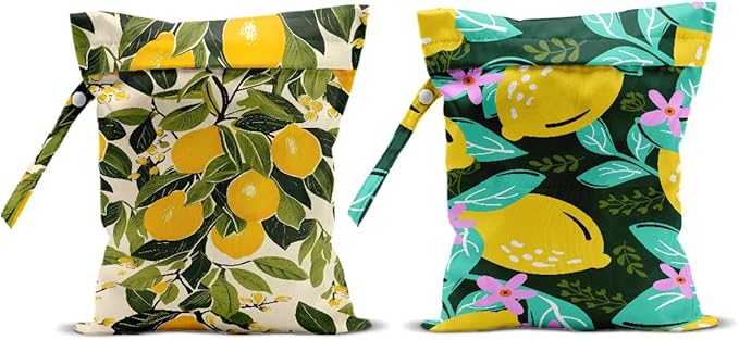 Hanamiya Na 2Pcs Lemon Print Wet Bags, Wet Dry Bag Reusable Zipper Pouch for Swimsuit, Diapers, Travel, Pool, Beach, Dirty Yoga Gym Clothes, Toiletries, Waterproof Birthday Christmas Gifts