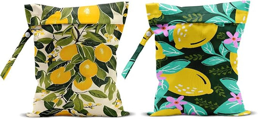Hanamiya Na 2Pcs Lemon Print Wet Bags, Wet Dry Bag Reusable Zipper Pouch for Swimsuit, Diapers, Travel, Pool, Beach, Dirty Yoga Gym Clothes, Toiletries, Waterproof Birthday Christmas Gifts