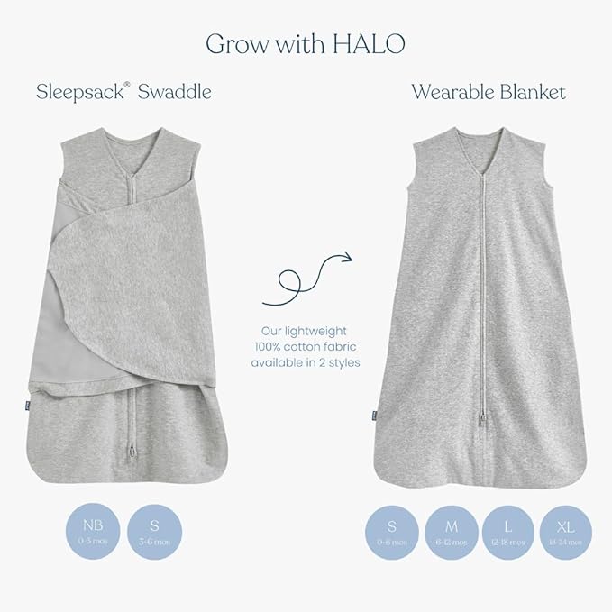 HALO 100% Cotton Sleepsack Swaddle, 3-Way Adjustable Wearable Blanket, TOG 1.5, Midnight Moons Grey, Small, 3-6 Months