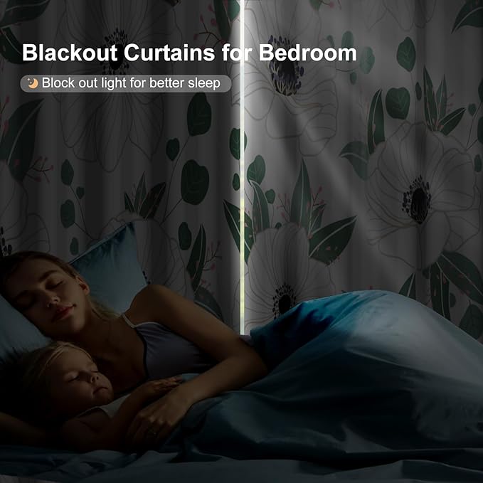 Blackout Curtains for Bedroom and Living Room, White Floral Black Out Curtains 84 Inch Length 2 Panels Set, Room Darkening Thermal Insulated Privacy Soundproof Farmhouse Patterned Grommet Drapes