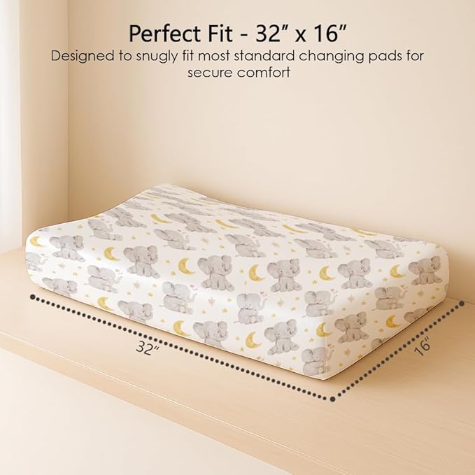 Changing Pad Cover for Baby Boys Girls 2 Pack, Fits Standard 32”×16” Changing Table Pads, Silky Breathable Stretch Knit, Machine Washable (Elephant Dream)