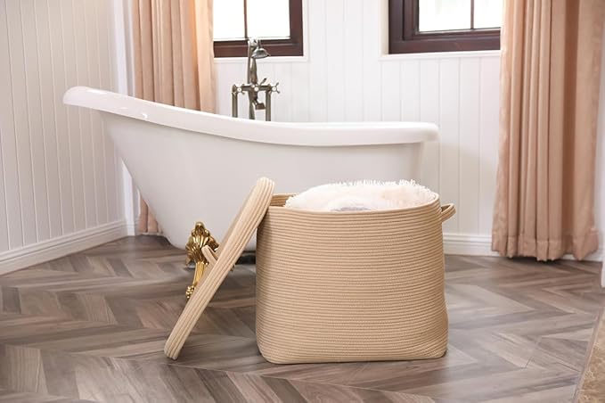 22"x14"x18" Rectangular Extra Large Storage Basket With Lid, Large Cotton Rope Storage Basket, Woven Laundry Hamper, Cloth Storage Bin, for Clothes Towels Blankets in Living Room, All Beige