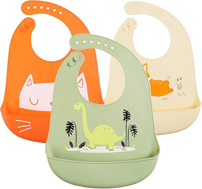 YINGJEE Baby Silicone Feeding Bibs, 3pcs Adjustable Waterproof Bibs for Feeding