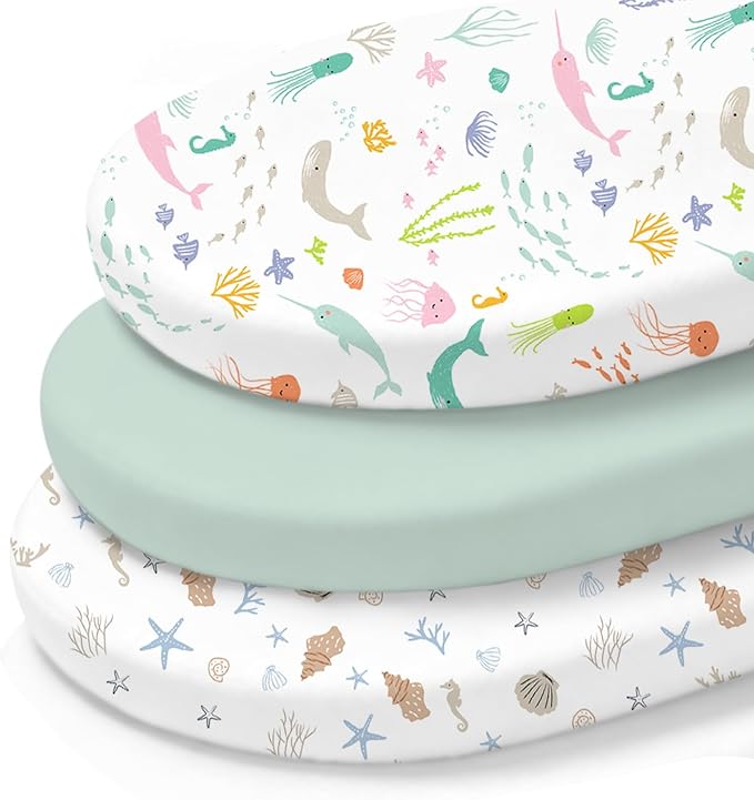 Little Grape Land Bassinet Sheets 3 Pack, 33" x 18" Fitted Bassinet Sheets Up to 4" Deep Pocket, Ultra Soft Baby Bassinet Fitted Sheets for Bassinet Mattress, Ocean Friends