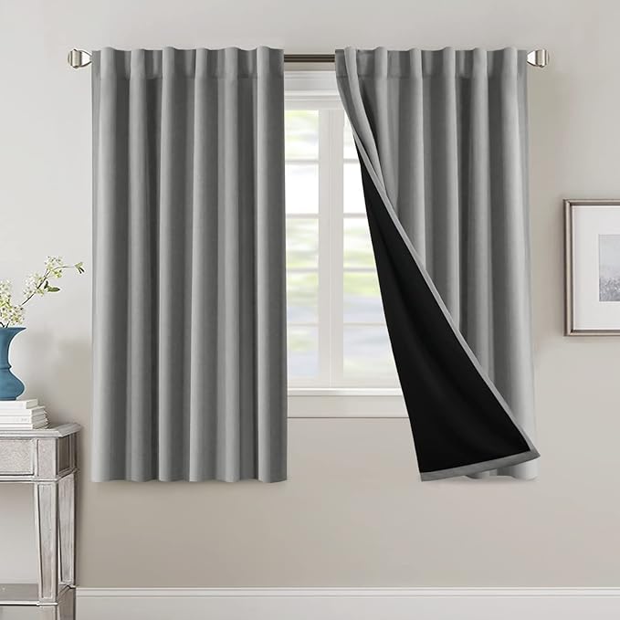 H.VERSAILTEX 100% Blackout Curtains for Bedroom with Black Liner Full Room Darkening Curtains 63 Inches Long Thermal Insulated Back Tab/Rod Pocket Window Drapes for Living Room, 2 Panels, Dove Grey