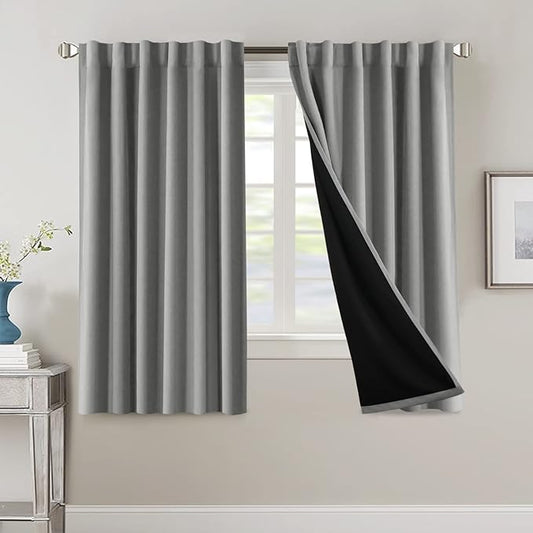 H.VERSAILTEX 100% Blackout Curtains for Bedroom with Black Liner Full Room Darkening Curtains 63 Inches Long Thermal Insulated Back Tab/Rod Pocket Window Drapes for Living Room, 2 Panels, Dove Grey