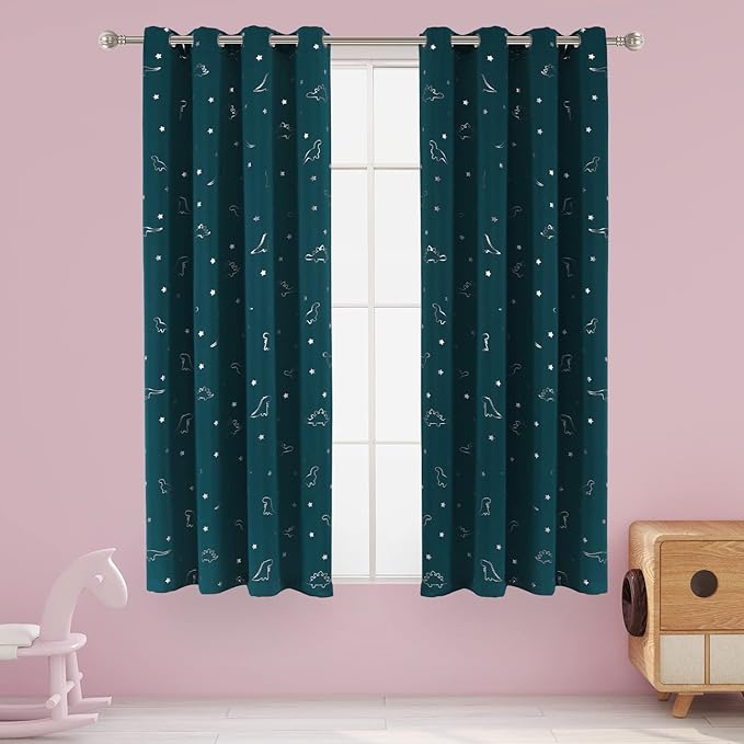 LORDTEX Dinosaur and Star Foil Print Blackout Curtains for Kids Room - Thermal Insulated Curtains Noise Reducing Window Drapes for Boys and Girls Bedroom, 52 x 45 Inch, Sapphire, Set of 2 Panels