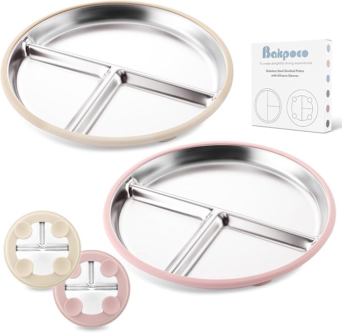 Bakpoco Stainless Steel Baby Plate with Suction, 9” Divided Toddler Plates with Removable Silicone Sleeves for Kids, Non-Toxic Non-Slip Unbreakable Dishwasher Safe Dinnerware Set of 2, Pink & Beige