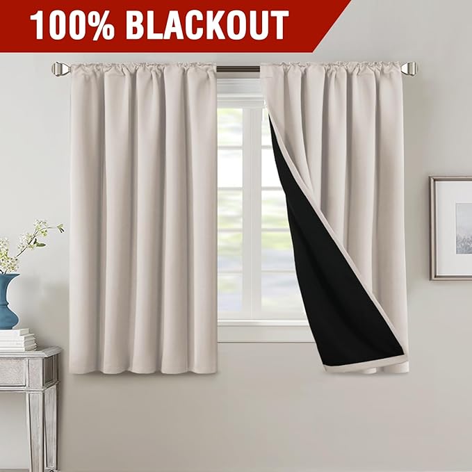 H.VERSAILTEX 100% Blackout Curtains for Bedroom with Black Liner Full Room Darkening Curtains 54 Inches Long Thermal Insulated Back Tab/Rod Pocket Window Drapes for Living Room, 2 Panels, Fog