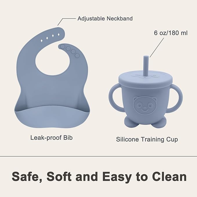 Munlinder Silicone Baby Feeding Set | Baby Led Weaning Supplies Includes Suction Bowls and Divided Plates, Adjustable Bib, Baby Utensils Spoons and Forks,Cup | Baby Feeding Essentials (Blue Gray)
