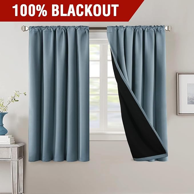 H.VERSAILTEX 100% Blackout Curtains for Bedroom with Black Liner Full Room Darkening Curtains 63 Inches Long Thermal Insulated Back Tab/Rod Pocket Window Drapes for Living Room, 2 Panels, Stone Blue