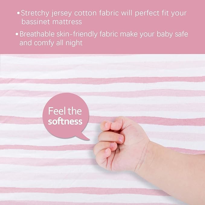 Bassinet Sheets Compatible with 4moms Breeze Plus Bassinet(not playard), 2 Pack, 100% Jersey Knit Cotton Fitted Sheets, Breathable and Heavenly Soft, Pink Print for Baby