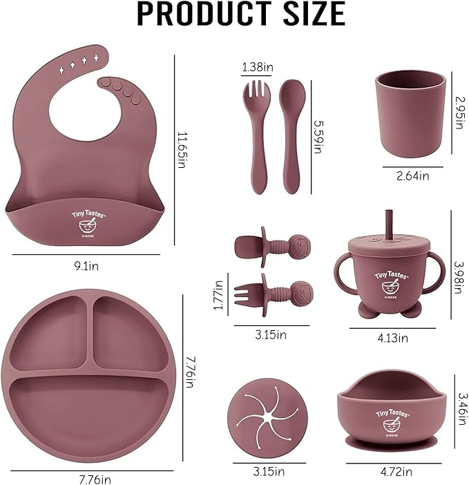 Tiny Tastes 10-Piece Silicone Baby Feeding Set – BPA-Free, Spill-Proof Suction Plate, Bowl, Bib, Snack Cup & Utensils | Dishwasher Safe, Baby Gift Ready (Dark Pink)