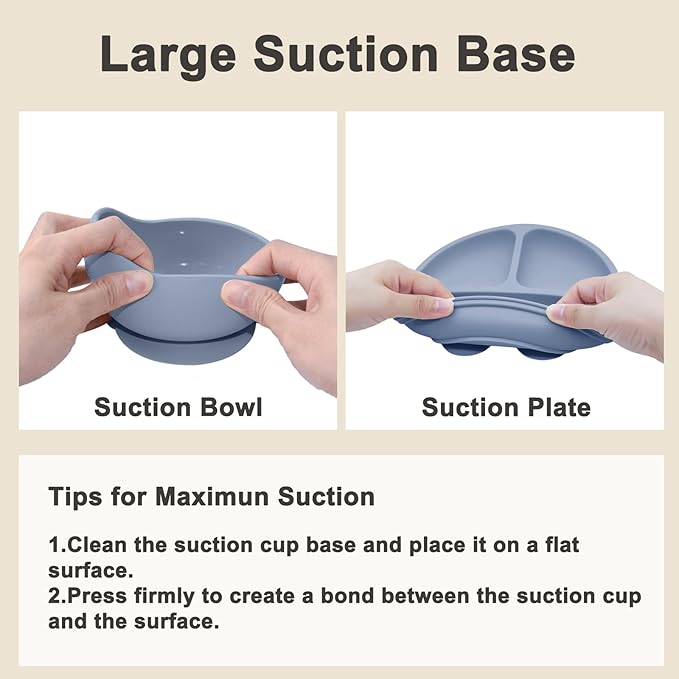 Munlinder Silicone Baby Feeding Set | Baby Led Weaning Supplies Includes Suction Bowls and Divided Plates, Adjustable Bib, Baby Utensils Spoons and Forks,Cup | Baby Feeding Essentials (Blue Gray)