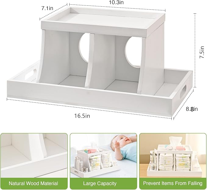 Diaper Caddy Organizer, Changing Table Organizer, Wooden Diaper Organizer for Nursery, Baby Diaper Storage Organizer with Removable Dividers (White, Rectangular Size)