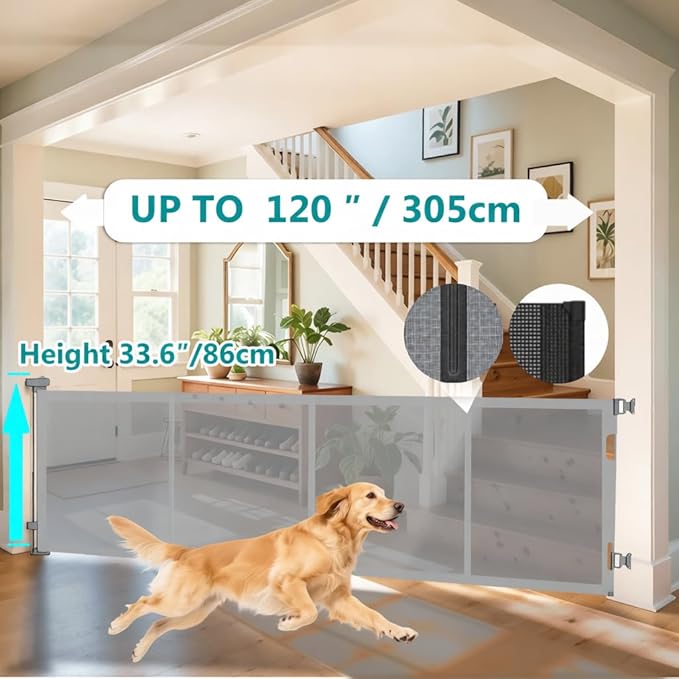 Retractable Baby Gate,Mesh Baby Gate or Mesh Dog Gate,34" Tall,Extends up to 120" Wide,Child Safety Gate for Doorways, Stairs, Hallways, Indoor or Outdoor (Gray, 120''Wide 34''Tall)