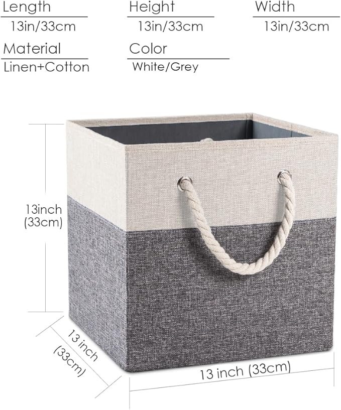PRANDOM Large Foldable Cube Storage Bins 13x13 inch [2-Pack] Fabric Linen Storage Baskets Cubes Drawer with Cotton Handles Organizer for Shelves Nursery Closet Bedroom White and Grey
