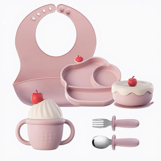 COZY ROCK Silicone Baby Feeding Set, Gelato Collection Baby Led Weaning Supplies, First Self-Feeding Set with Silicone Suction Bowl & Plate, Straw Cup & Bib, Fork & Spoon - Pink