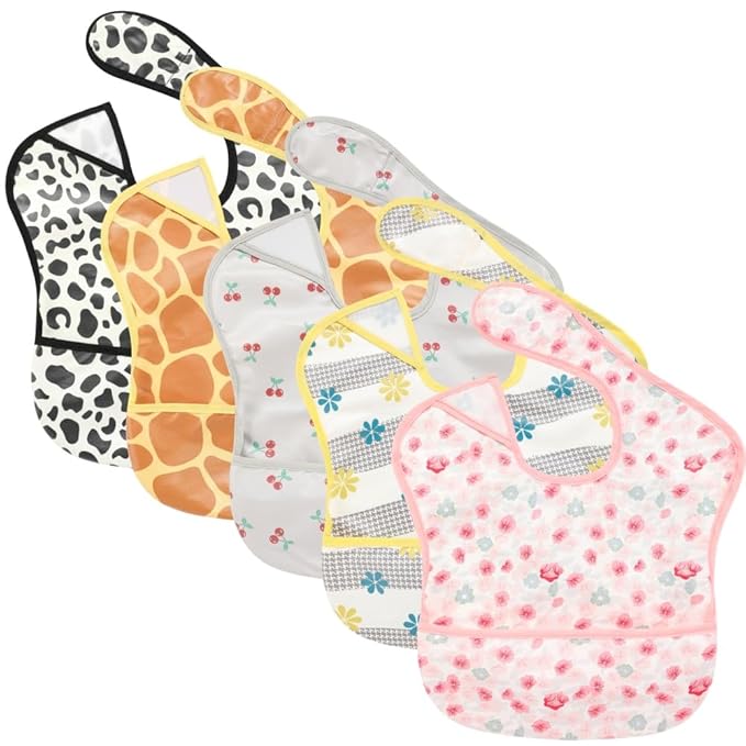 TSD Baby Bibs Waterproof Feeding Bibs 5pack Adjustable Mealtime Poctet Bib for Newborn Toddler Infant Easy Clean Durable Baby Essentials Shower Gift