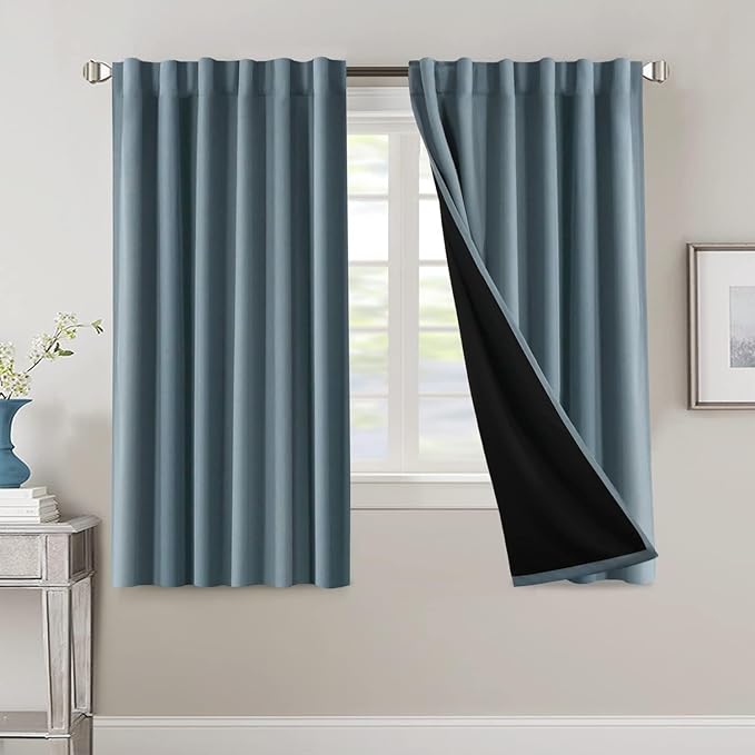 H.VERSAILTEX 100% Blackout Curtains for Bedroom with Black Liner Full Room Darkening Curtains 63 Inches Long Thermal Insulated Back Tab/Rod Pocket Window Drapes for Living Room, 2 Panels, Stone Blue
