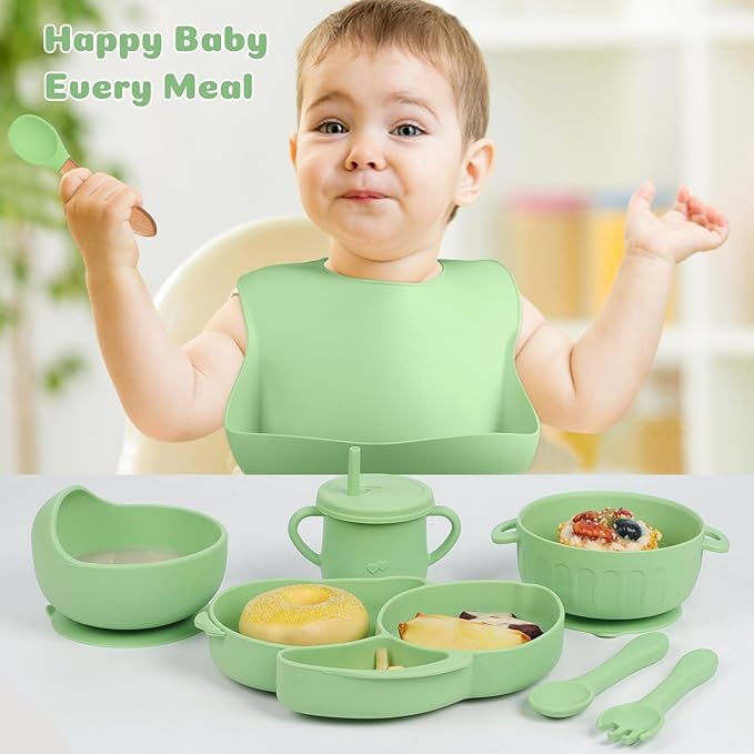 mraisebossup Silicone Baby Feeding Set 15 Pcs，Baby Spoons Suction Bowl Divided Plate Bib Cup Finger Brush Training cups,Baby Led Weaning Supplies（green）