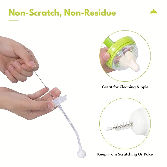 CAREBABYMORE Baby Bottle Brush with One Base Hidden Nylon Nipple Cleaner, 2 Pcs Sponge Nipple Brushes, 2 Pcs Straw Brushes, Bottle Brush with Nipple Cleaner and Suction Cup (Yellow)