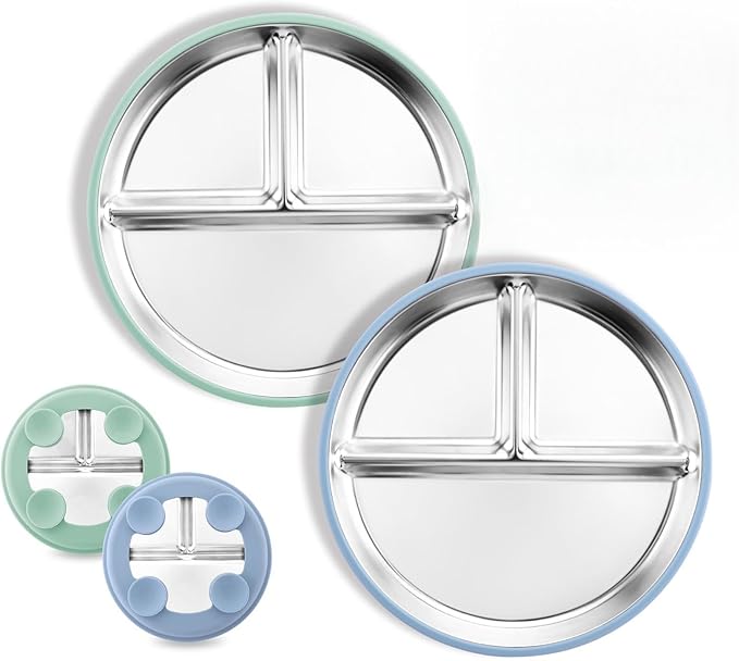 Bakpoco 8” Stainless Steel Toddler Plate with Suction, Divided Plates with Removable Silicone Sleeves for Kids, Non Toxic & BPA Free | Non Slip | Unbreakable Baby Snack Dishes Set of 2, Blue & Sage