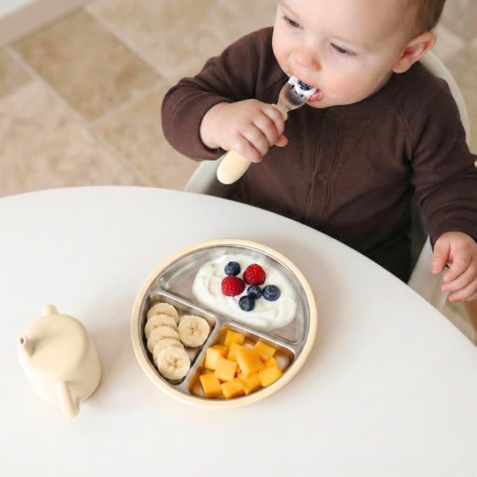 Stainless Steel Toddler Plate with Suction Set of 2, 8” Divided Plates with Removable Silicone Sleeves for Kids, Non Toxic & BPA Free | Non Slip | Unbreakable Baby Dishes, (Tofu & Pearl Blush)