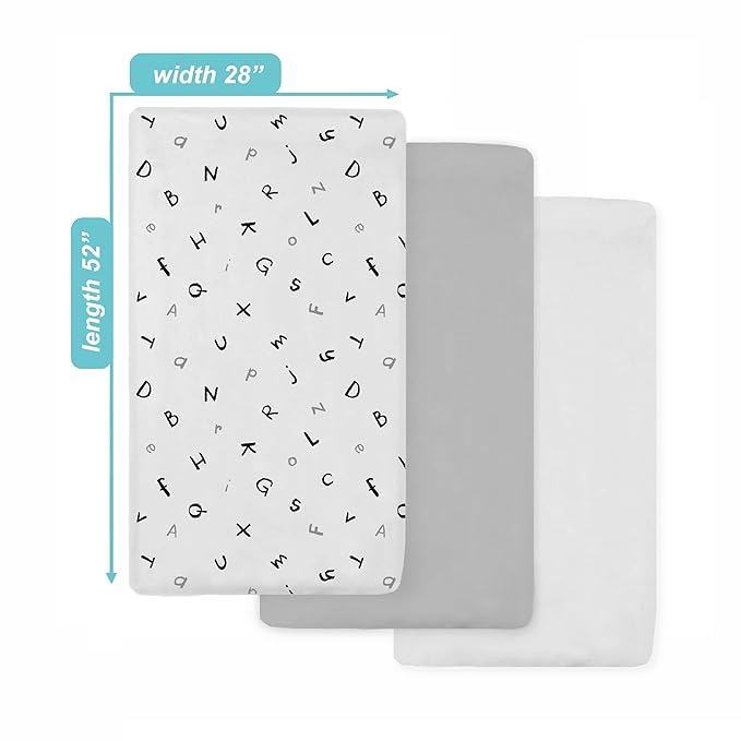 American Baby Company 3 Pack Printed 100% Cotton Jersey Knit Fitted Crib Sheet for Standard Crib and Toddler Mattresses, Alphabet/Gray/White, for Boys and Girls