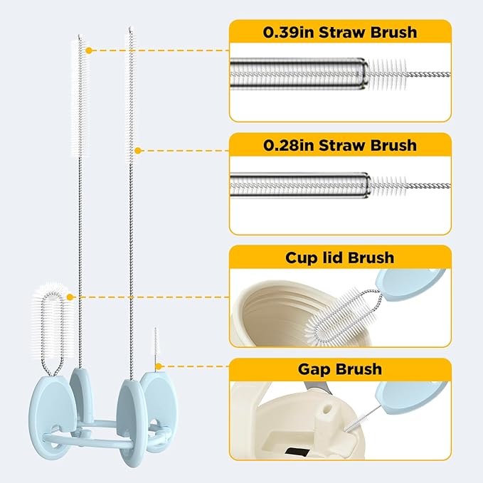 VOGOGE Straw Brush Set, 4 Piece Cleaner Kit with Standable Key Ring for Reusable Straws, Tumblers & Water Bottles – Designed for Kids & Adults, Blue