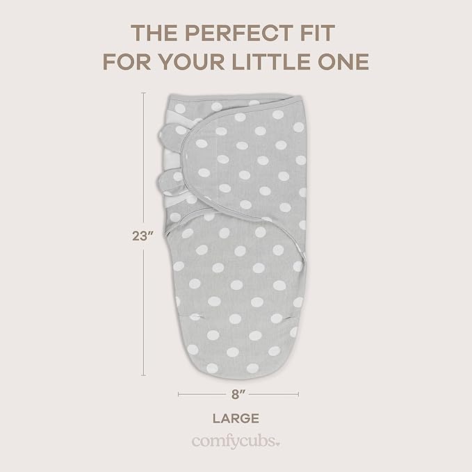Comfy Cubs Easy Swaddle Blanket, 3 Pack - 100% Cotton Newborn Wrap, Large for 3-6 Months Infants, with Adjustable Velcro, Breathable and Durable Sleep Sack for Babies - Grey