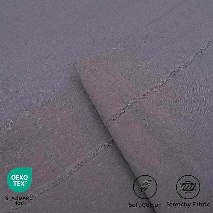 100% Cotton Fitted Sheet Only - Deep Pocket up to 16inch - All-Around Elastic - T-Shirt Fabric Jersey Knit - Extra Soft - Easy Fit - All Season - Comfy (Anthracite, Queen)