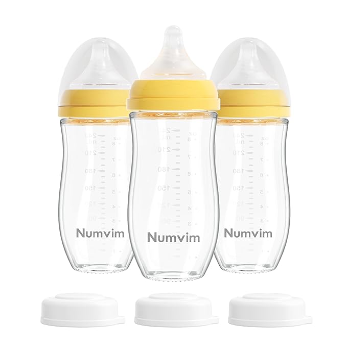 Numvim Natural Glass Baby Bottles Gentle & Extra Slow Flow, Newborn Breastfeeding Bottle with Anti Colic Nipple for 0 Months Babies, 3 Packs (Yellow (8 Ounce), 1 Count (Pack of 3))