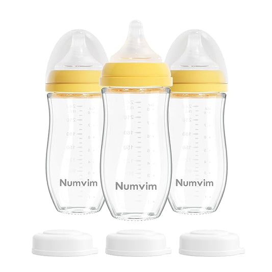 Numvim Natural Glass Baby Bottles Gentle & Extra Slow Flow, Newborn Breastfeeding Bottle with Anti Colic Nipple for 0 Months Babies, 3 Packs (Yellow (8 Ounce), 1 Count (Pack of 3))