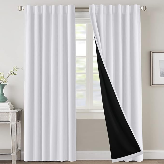 H.VERSAILTEX 100% Blackout Curtains for Bedroom with Black Liner Full Room Darkening Curtains 96 Inches Long Thermal Insulated Back Tab/Rod Pocket Window Drapes for Living Room, 2 Panels, Pure White