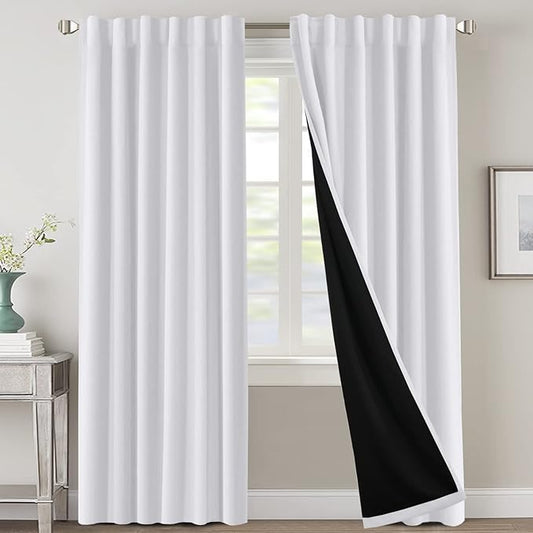 H.VERSAILTEX 100% Blackout Curtains for Bedroom with Black Liner Full Room Darkening Curtains 96 Inches Long Thermal Insulated Back Tab/Rod Pocket Window Drapes for Living Room, 2 Panels, Pure White