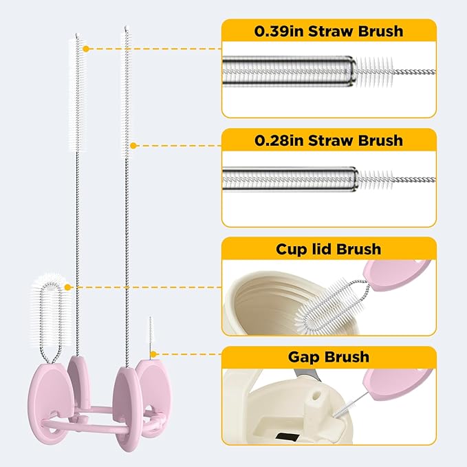 VOGOGE Straw Brush Set, 4 Piece Cleaner Kit with Standable Key Ring for Reusable Straws, Tumblers & Water Bottles – Designed for Kids & Adults, Pink