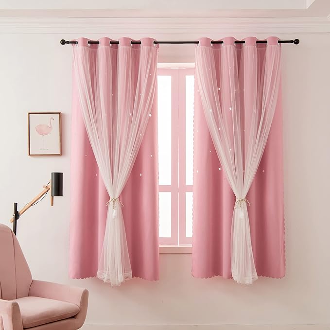 Pink Curtains for Girls Bedroom Living Room 72 Inch Length Star Cut Out Double Layer Blackout Curtains for Nursery Girl Room Window Decor (W52 X L72 Inches，2 Panels,Pink)