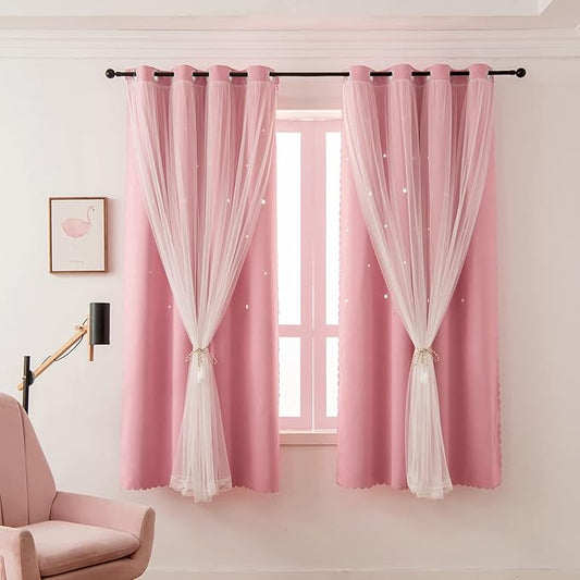 Girls Curtains for Living Room Bedroom Curtain Double Layer Blackout Curtains 90 Inch Length Star Cutout Pink Curtain Window Drapes for Nursery (Pink, 42W x 90L,2 Panels)