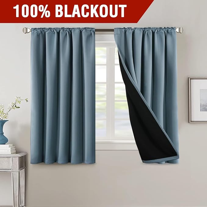 H.VERSAILTEX 100% Blackout Curtains for Bedroom with Black Liner Full Room Darkening Curtains 54 Inches Long Thermal Insulated Back Tab/Rod Pocket Window Drapes for Living Room, 2 Panels, Stone Blue