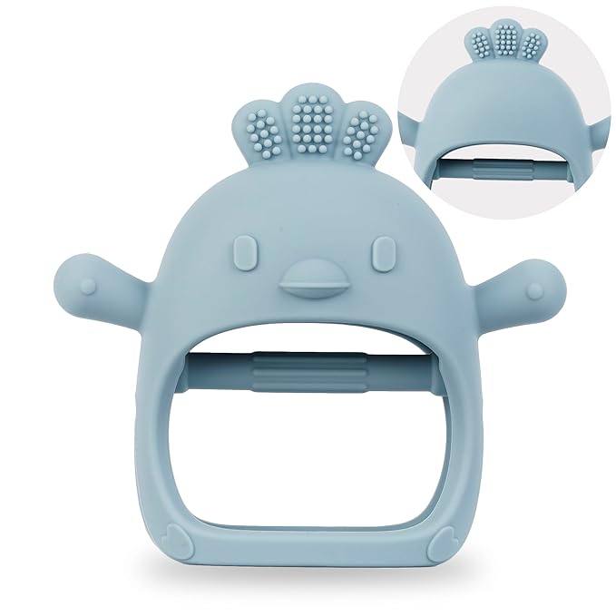 Baby Teether Toy for Infants 3–24 Months, Silicone Biting Toy with Handle, Textured Surface for Gum Soothing, Easy to Hold and Clean, Travel-Friendly Design (Chicken Dusty Blue)