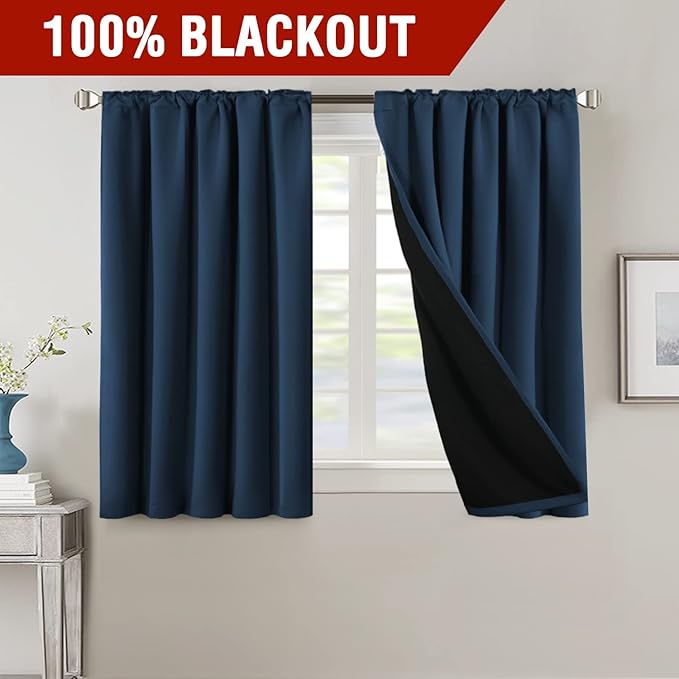 H.VERSAILTEX 100% Blackout Curtains for Bedroom with Black Liner Full Room Darkening Curtains 45 Inches Long Thermal Insulated Back Tab/Rod Pocket Window Drapes for Living Room, 2 Panels, Navy