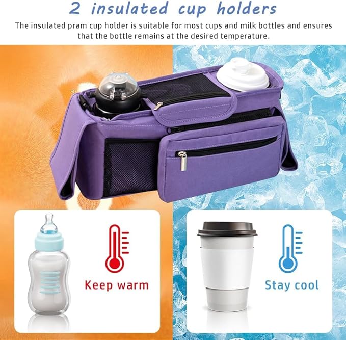 Baby Stroller Organizer, Universal Stroller Organizer with Detachable Phone Bag, Stroller Caddy with 2 Insulated Cup Holders, Buggy Organizer Bag with 2 Hooks Fits Most Strollers (Purple)