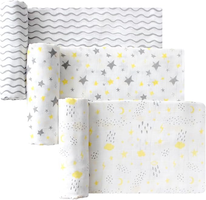 Little Grape Land Muslin Swaddle Blankets 47''x47'' 3 Pack, 100% Cotton Large Size Baby Swaddles for Newborn, Soft Breathable Baby Blankets for Newborns, Yellow