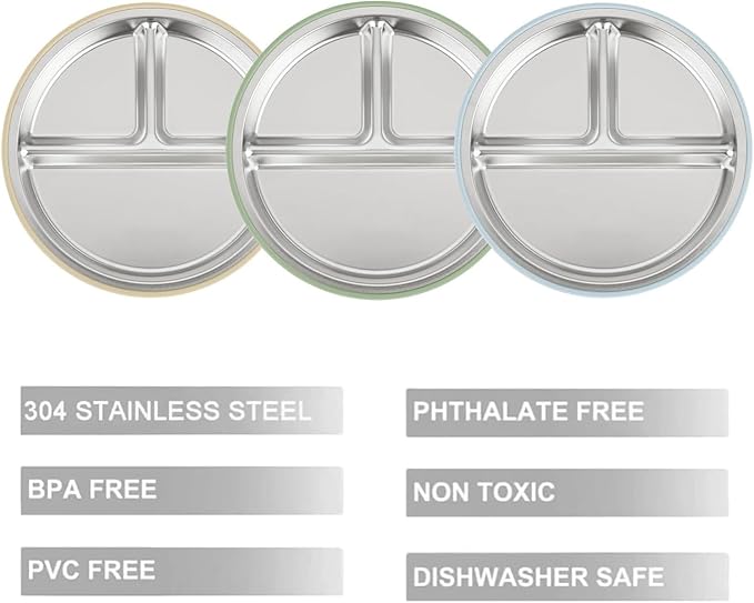 PandaEar 3 Pack Stainless Steel Baby Suction Plates, Divided Toddler Plate for Baby Led Weaning Supplies, Non-Slip Toddler Baby Feeding Set Dishwasher Safe (Blue/Green/Brown)