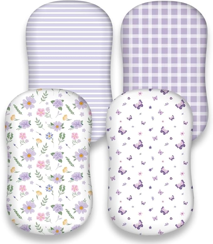 4 Pack Butterfly Baby Crib Sheets for Baby Girls Purple Crib Fitted Sheets for Standard Size Crib and Toddler Mattress Soft and Breathable (Bassinet)