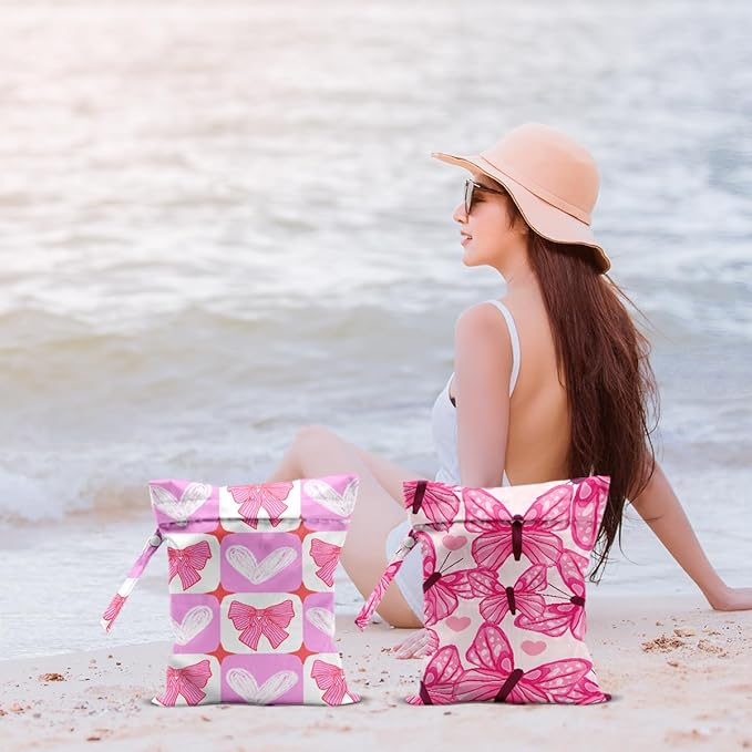 2Pcs Pink Bow Wet Bags 12x10 Inch, Heart Waterproof Wet Dry Bags, Reusable Washable Travel Laundry Bag for Swimsuit Beach Diapers Dirty Yoga Gym Clothes, Butterfly Gifts for Women Friend Travelers