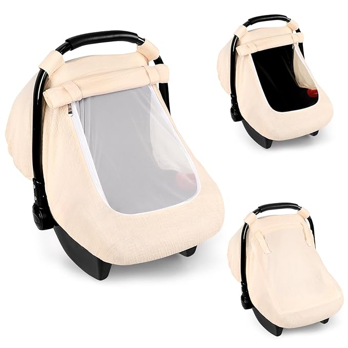 Hooyax Muslin Car Seat Cover Baby - Breathable and Privacy Car Seat Canopy with 3 Modes - Easy Install & Gift Box Packaging, Universal Fit for Infant Car Seats, Apricot
